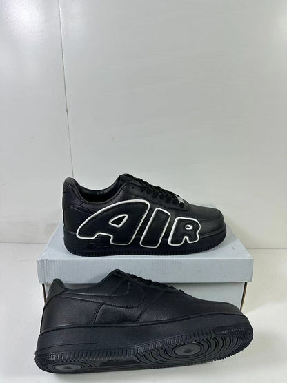 Black low-top sneakers shown from side and outsole angles, with one pair displaying AIR lettering and a circular-groove sole.