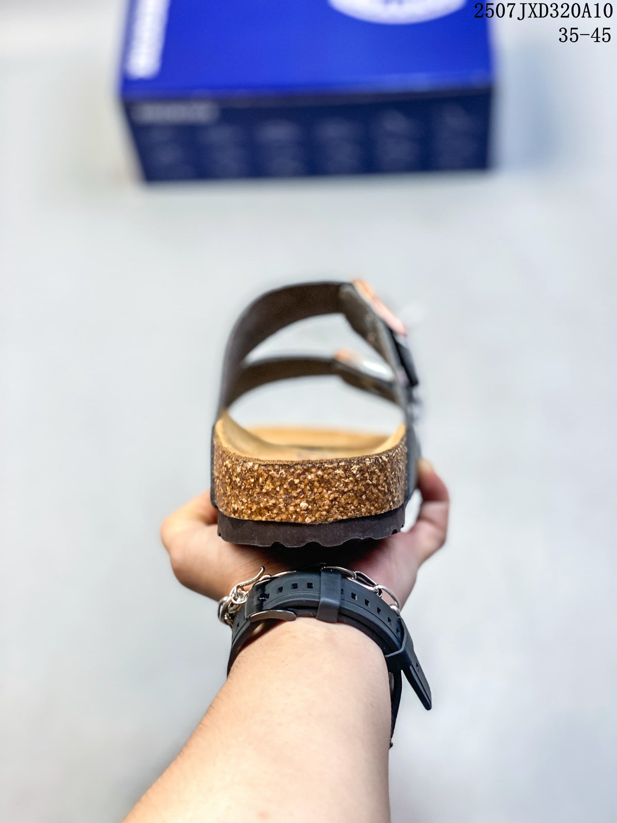 Birkenstock Two-Strap Slide Sandals in Dark Brown