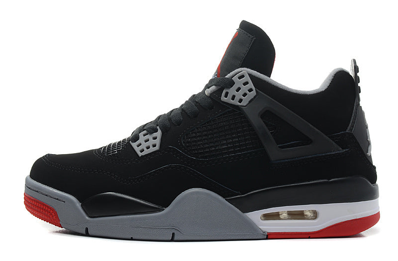 Clean side view of the black Air Jordan 4 Retro sneaker with grey and red sole details.