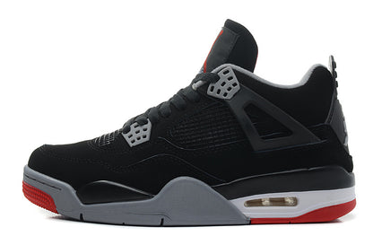 Clean side view of the black Air Jordan 4 Retro sneaker with grey and red sole details.