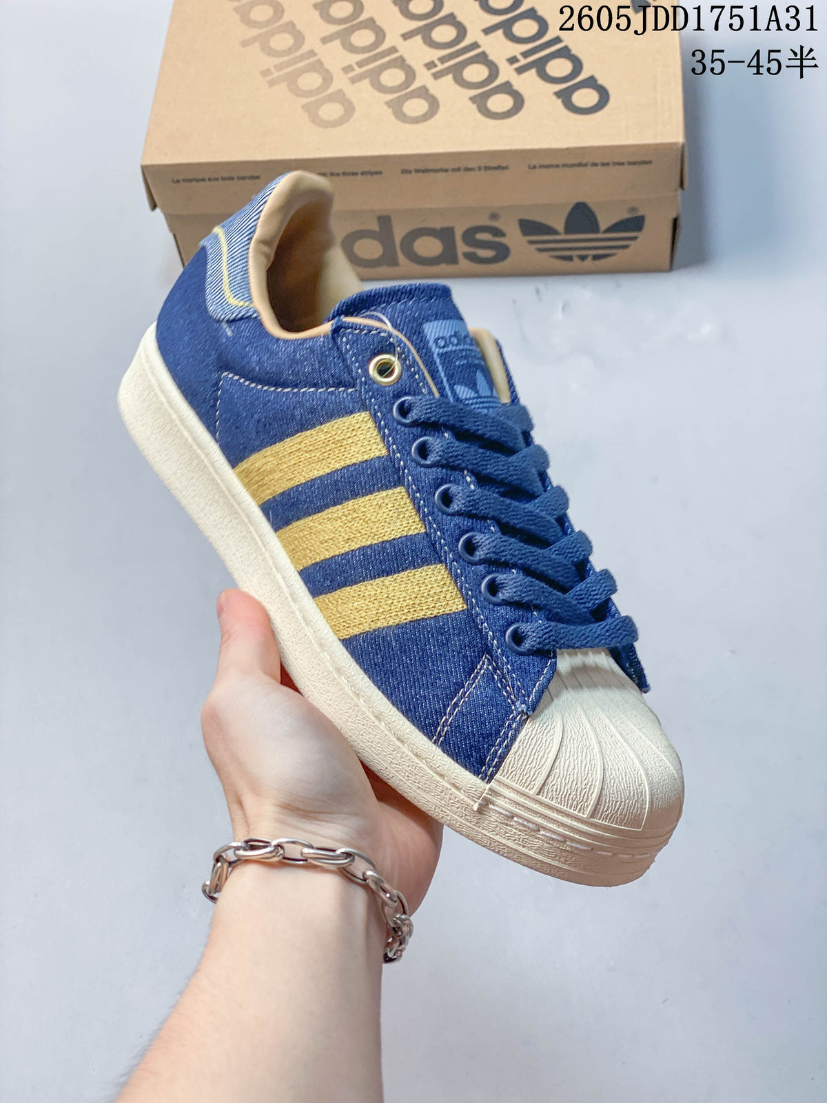 Adidas Superstar Blue Denim and Gold Sneakers