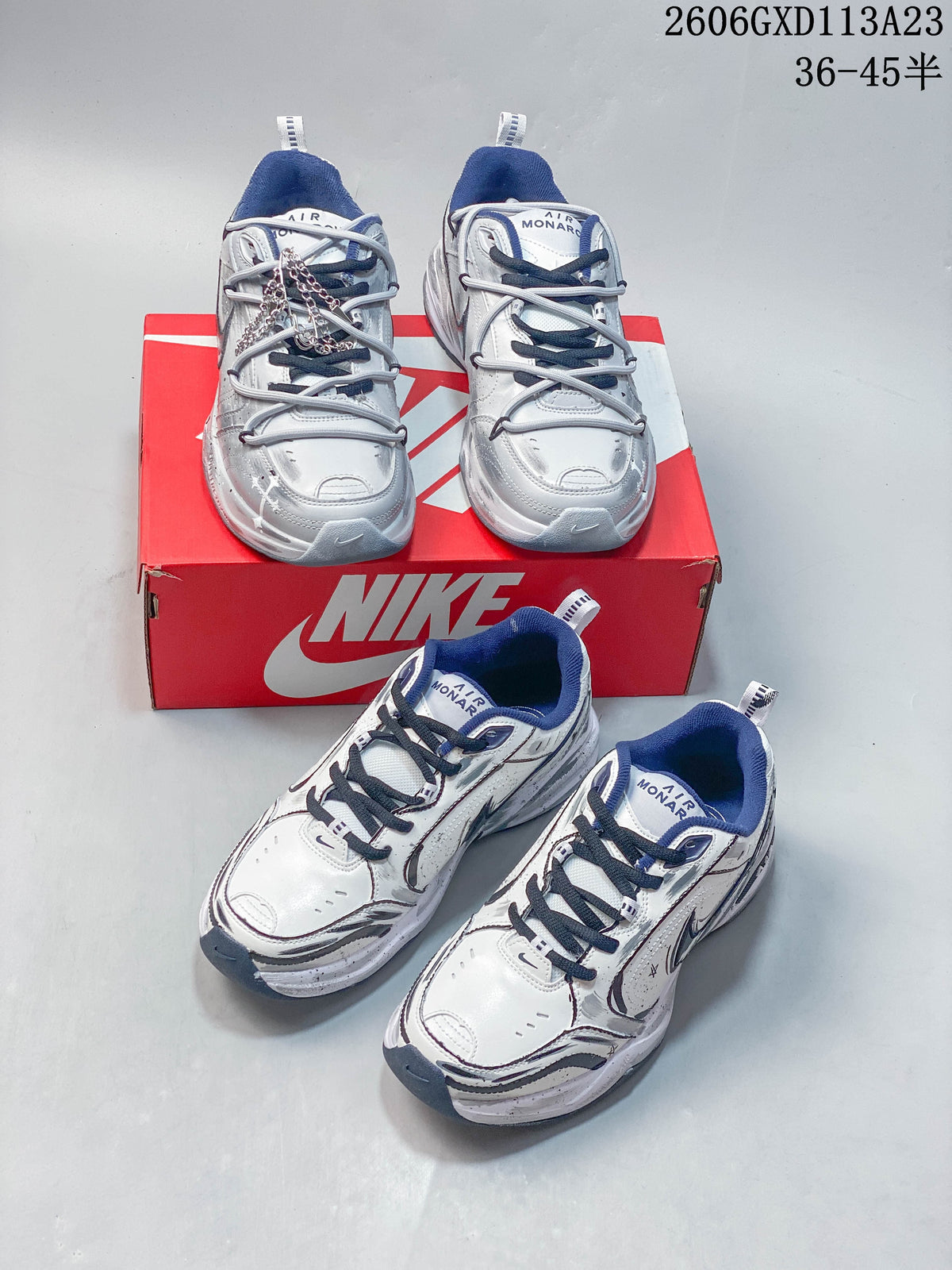 Nike Air Monarch IV Silver and Navy Sneakers 415445-102