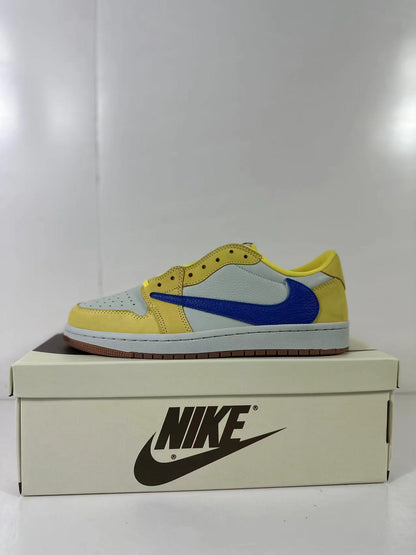 Side profile of yellow, light blue and blue low-top sneakers displayed on a Nike shoebox.