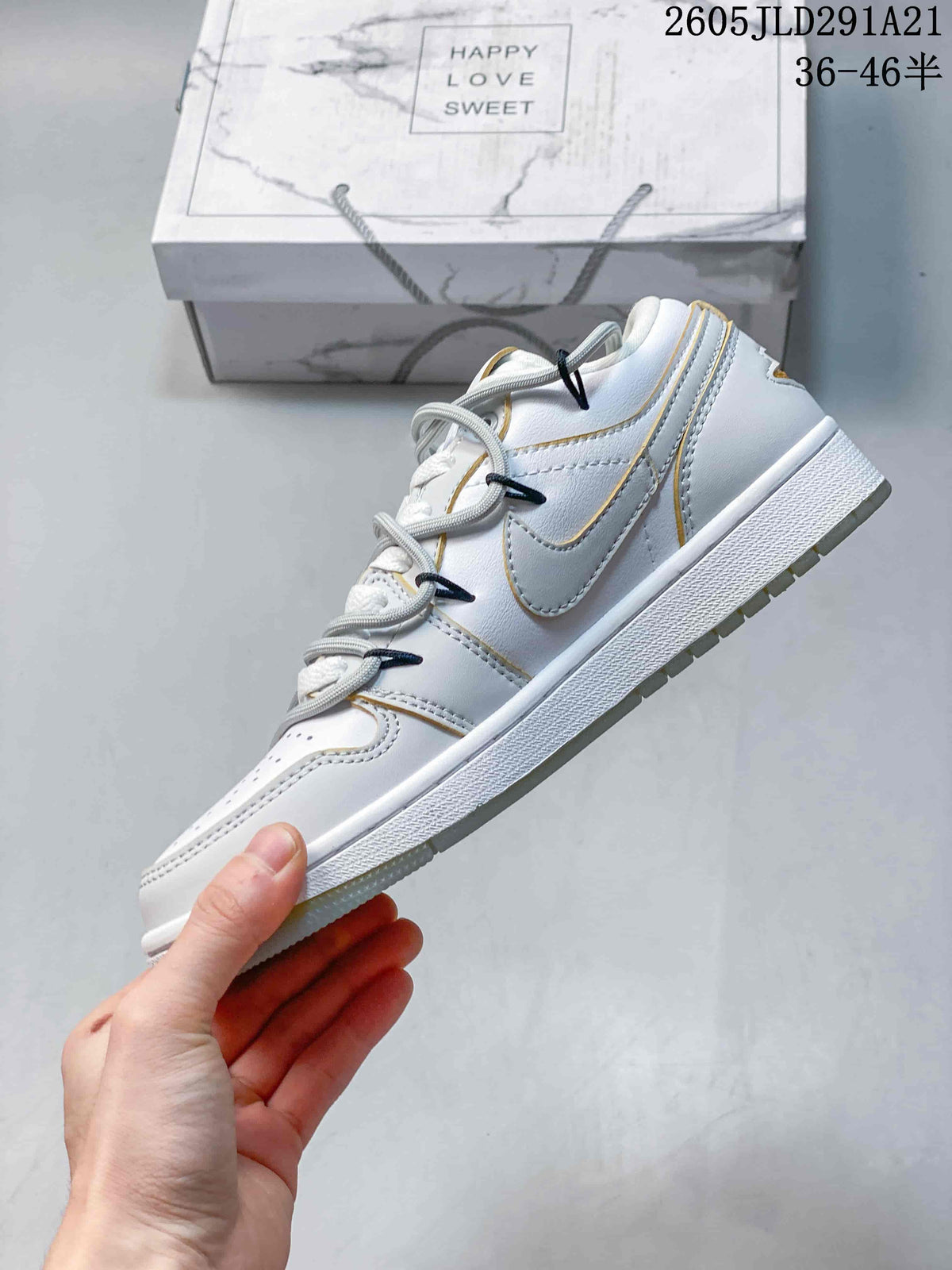 Air Jordan 1 Low White and Grey Sneakers with Gold Accents