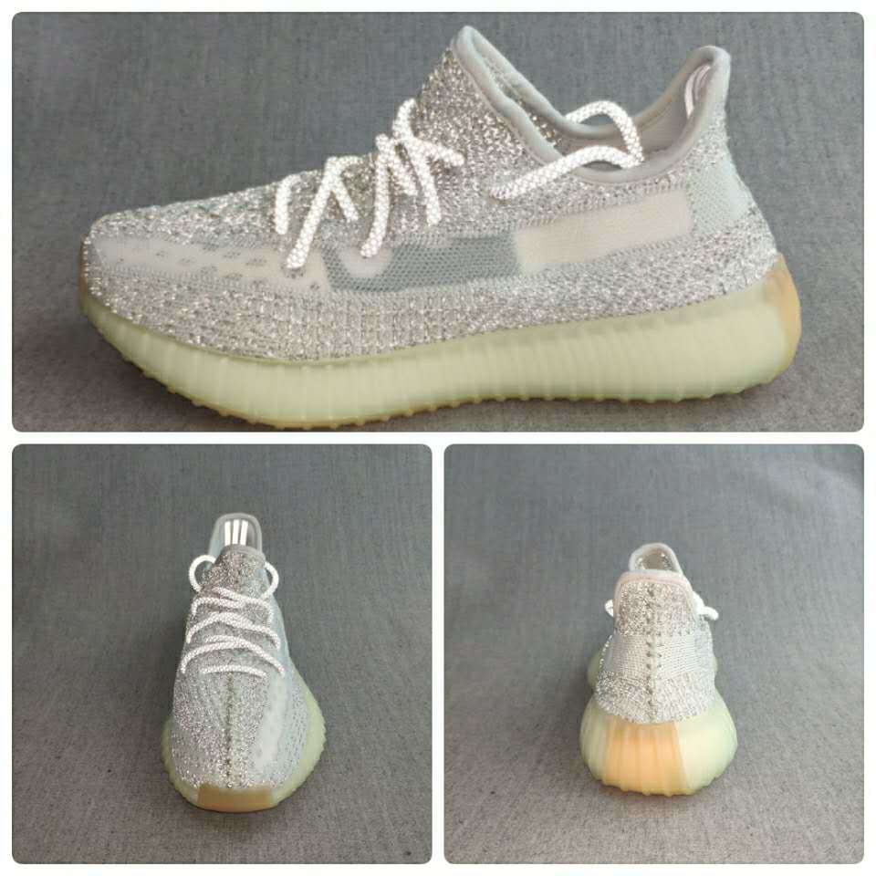 Collage showing side, front, and rear views of the silver and white sneaker.