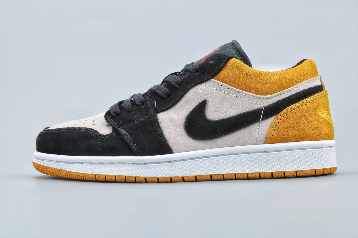 Side profile showing the low-top silhouette, black toe and Swoosh, light side panel, and yellow heel.