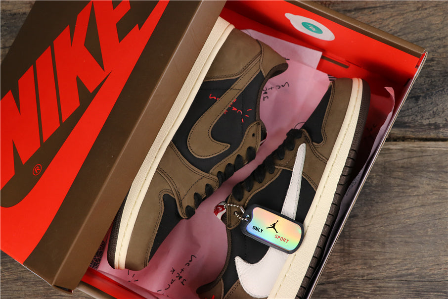 Pair of dark mocha and black low-top sneakers displayed inside a Jordan shoebox.