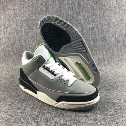 Gray and black Jordan Air Jordan 3 sneaker showing the outsole pattern and visible heel window.