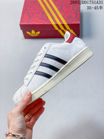 Adidas Superstar White Shell-Toe Sneakers with Red Accents