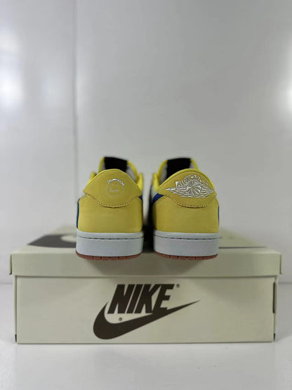 Rear view showing yellow heel panels and Air Jordan wing branding.