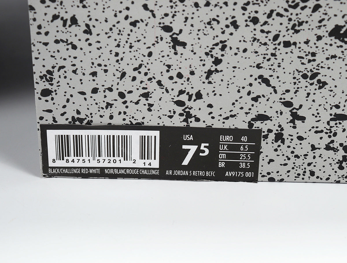 Box label for Air Jordan 5 Retro sneakers, showing product code AV9175-001, black and challenge red-white color description, and EU size 40