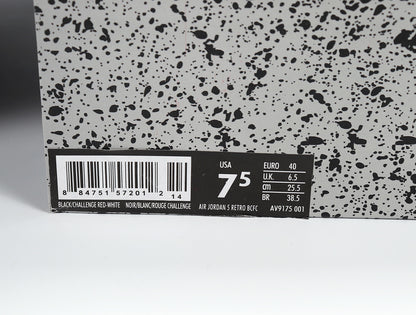 Box label for Air Jordan 5 Retro sneakers, showing product code AV9175-001, black and challenge red-white color description, and EU size 40