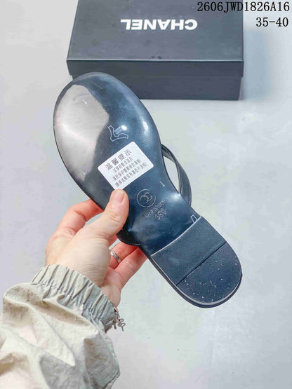 Chanel Dark Navy Thong Sandals with Logo Detail