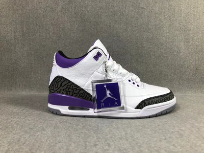 Three-quarter side view of the sneaker with purple detailing and a displayed Jordan hangtag.