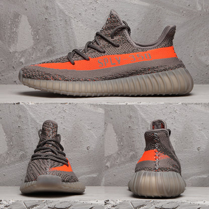 Composite view showing side, front, and rear angles of the grey and orange Yeezy 350 V2 sneaker.