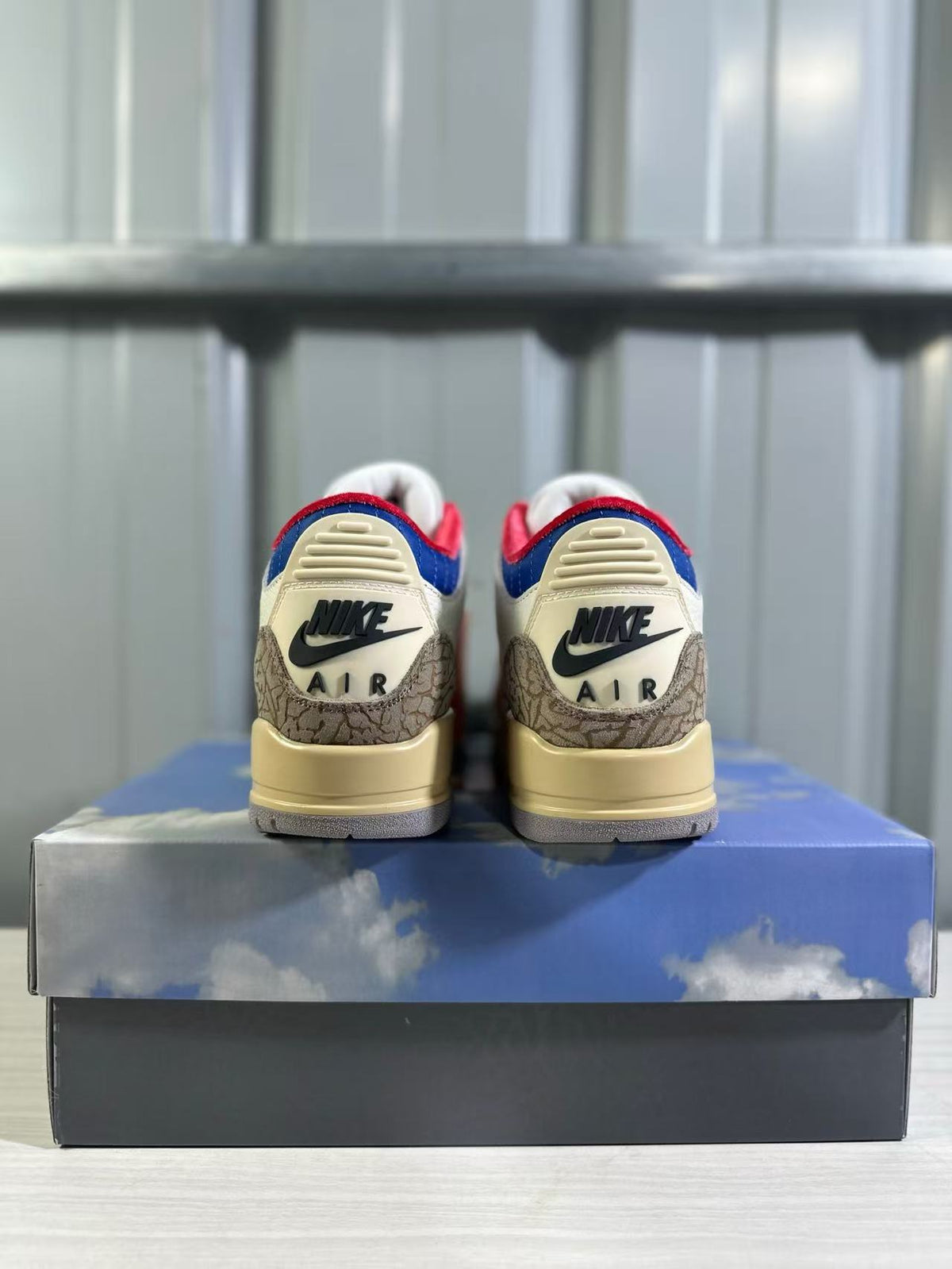 Rear view showing Jordan branding, Air lettering, elephant-print heel panels, and blue-red collar accents.