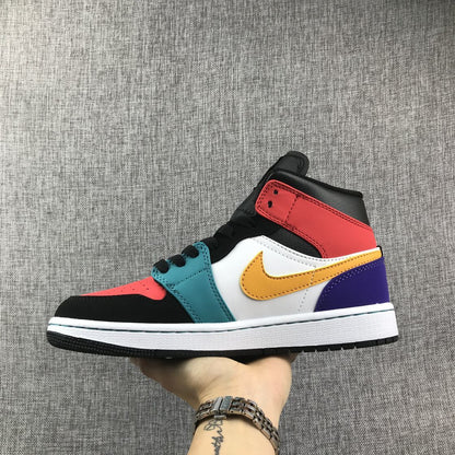 Side view of the sneaker highlighting the red collar, yellow side branding panel and teal forefoot panel.