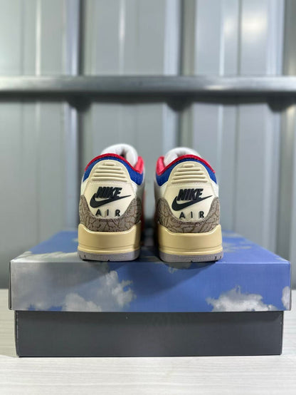 Rear view of the pair showing Jordan and Nike Air branding with patterned heel panels.