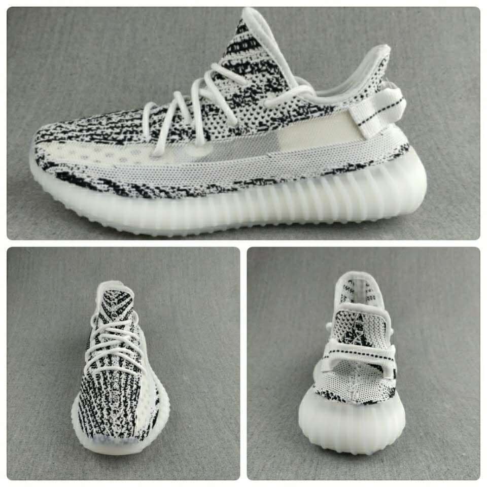 Collage presenting side, top, and front views of the black-and-white knit sneaker.