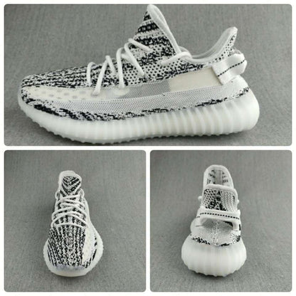 Collage presenting side, top, and front views of the black-and-white knit sneaker.
