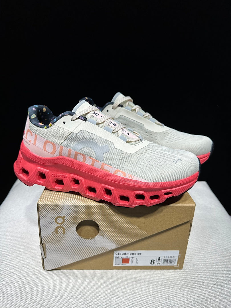 On Cloudmonster Sneakers in Light Gray and Coral