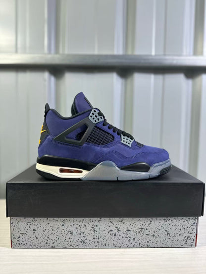 Side profile of a purple Jordan Air Jordan 4 sneaker displayed on a speckled shoebox.