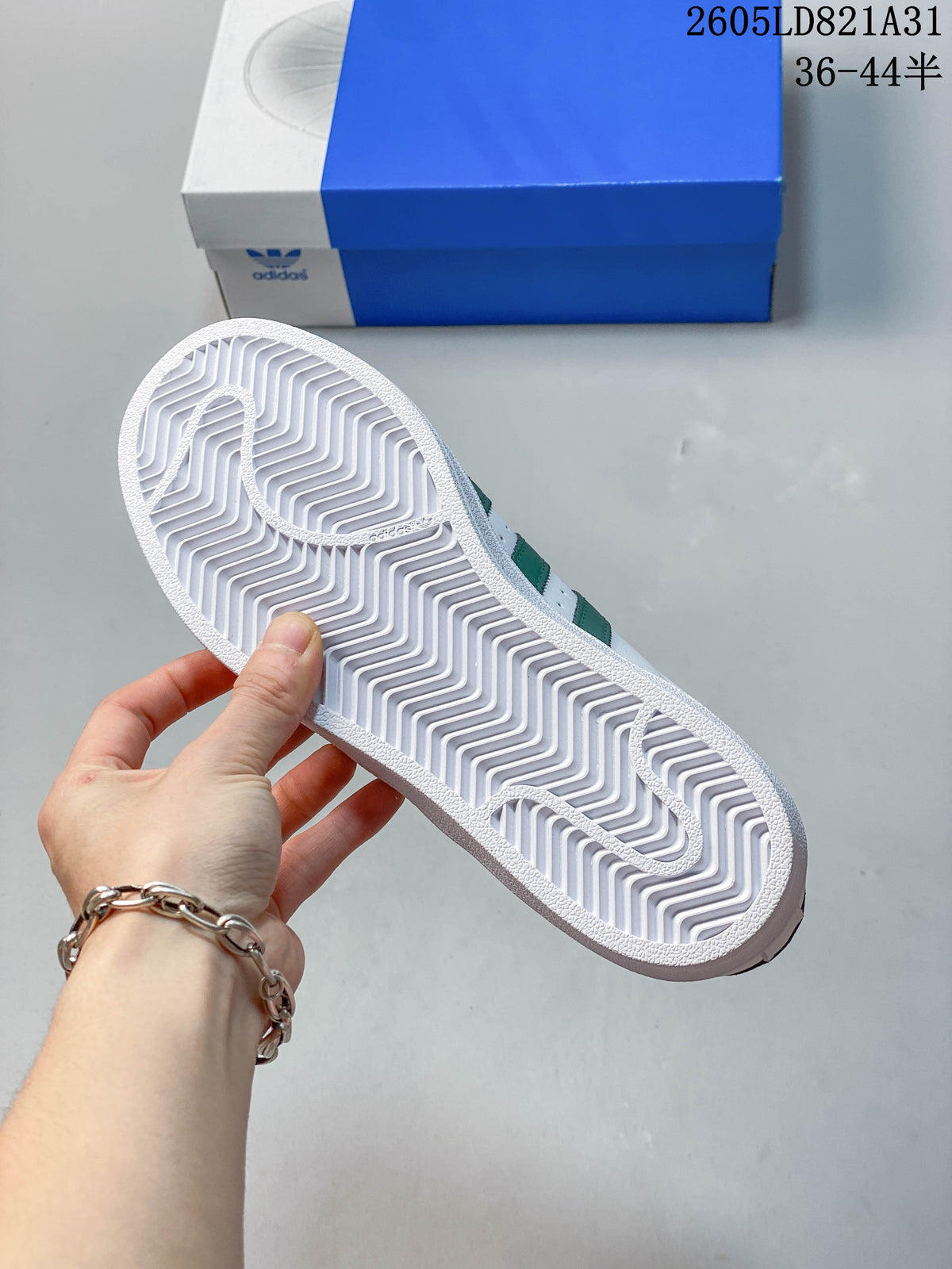 Adidas Superstar White and Green Shell-Toe Sneakers