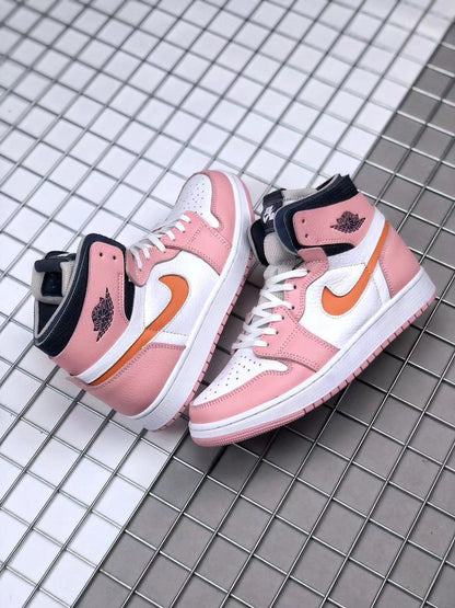 Pair of pink, white, orange, and black high-top sneakers displayed together.