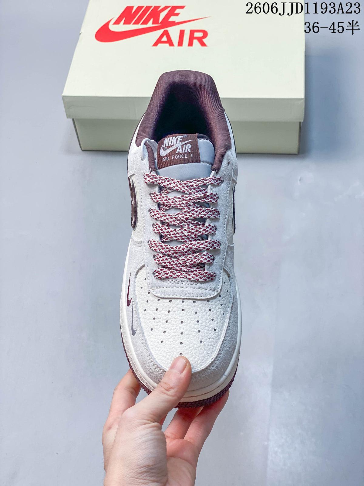Nike Air Force 1 Low White and Burgundy Sneakers