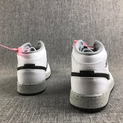 Rear view of the pair showing white heel panels, black horizontal accents, and speckled midsoles.