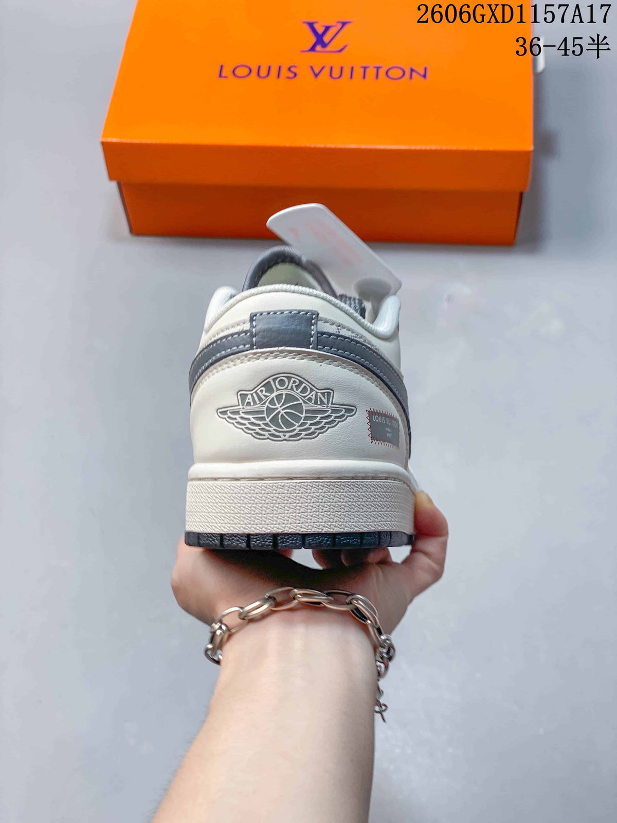 Jordan 1 Low Cream Grey Monogram Print Sneakers