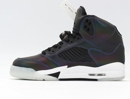 Side profile of a dark iridescent high-top sneaker with a white midsole.
