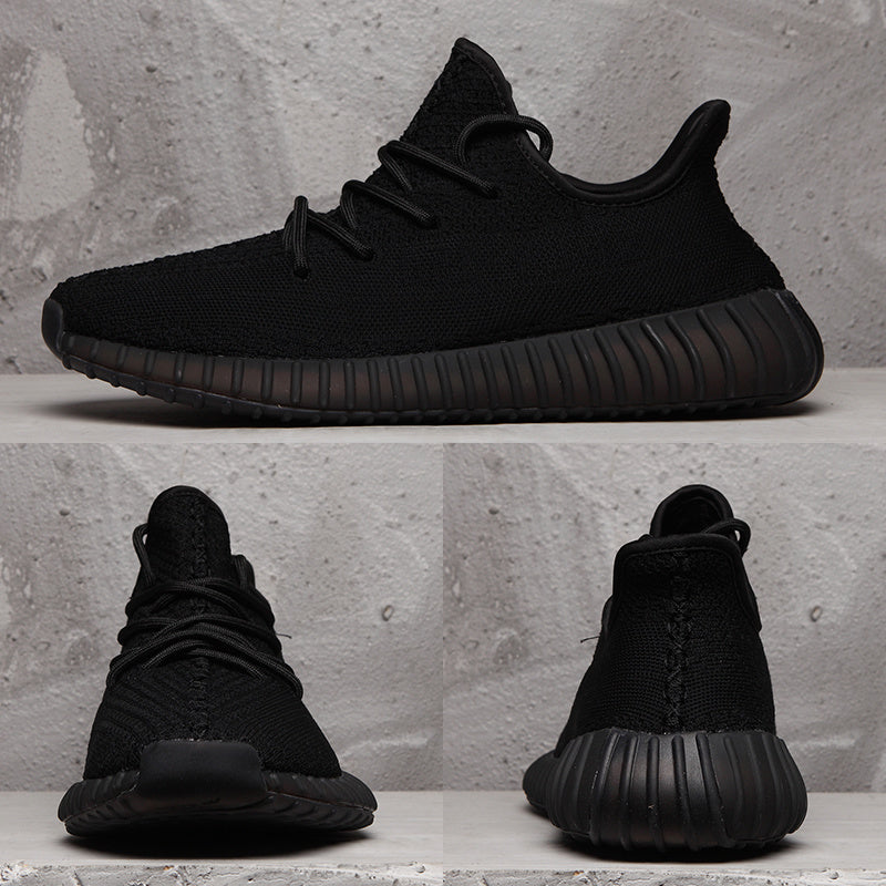 Composite view showing the side, front, and rear angles of the black sneaker.