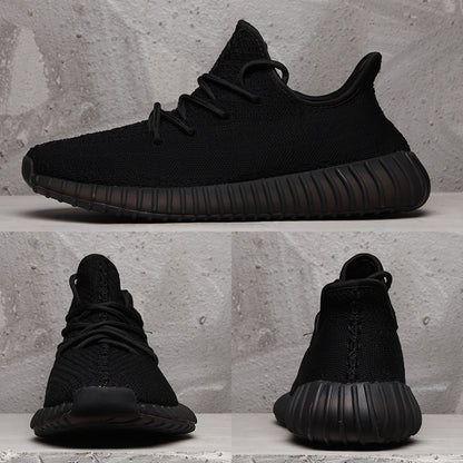 Composite view showing the side, front, and rear angles of the black sneaker.
