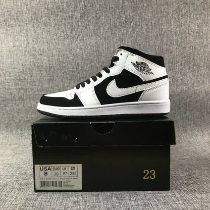 Black-and-white high-top sneaker displayed on a shoebox; the visible label shows USA 8, Euro 39, UK 5, and 25 cm.