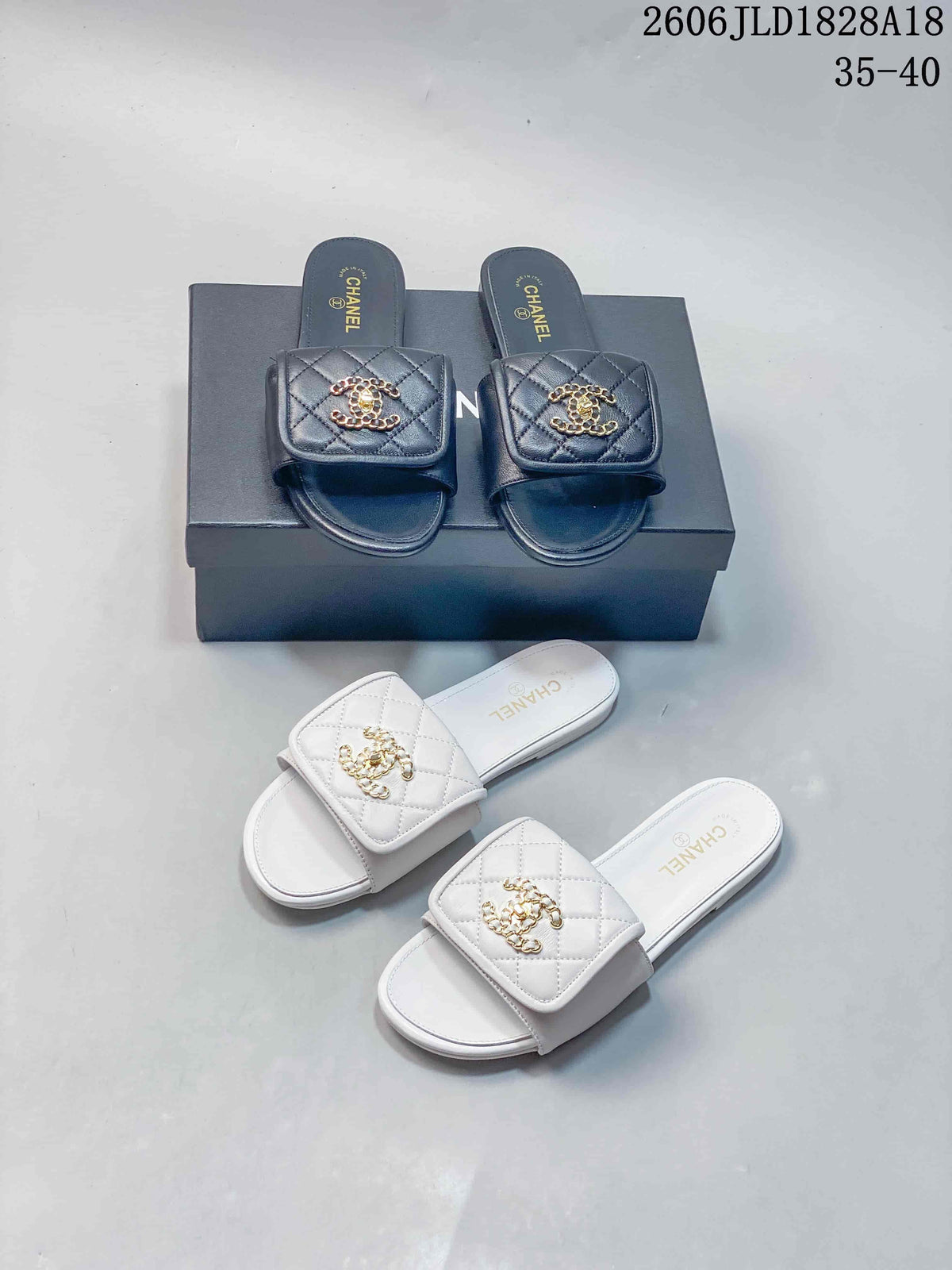 Chanel Quilted Double-C Slide Sandals, Black and White