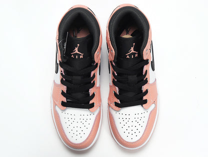 Top view of the pair showing quartz pink overlays, white toe panels, black laces, and black collars.