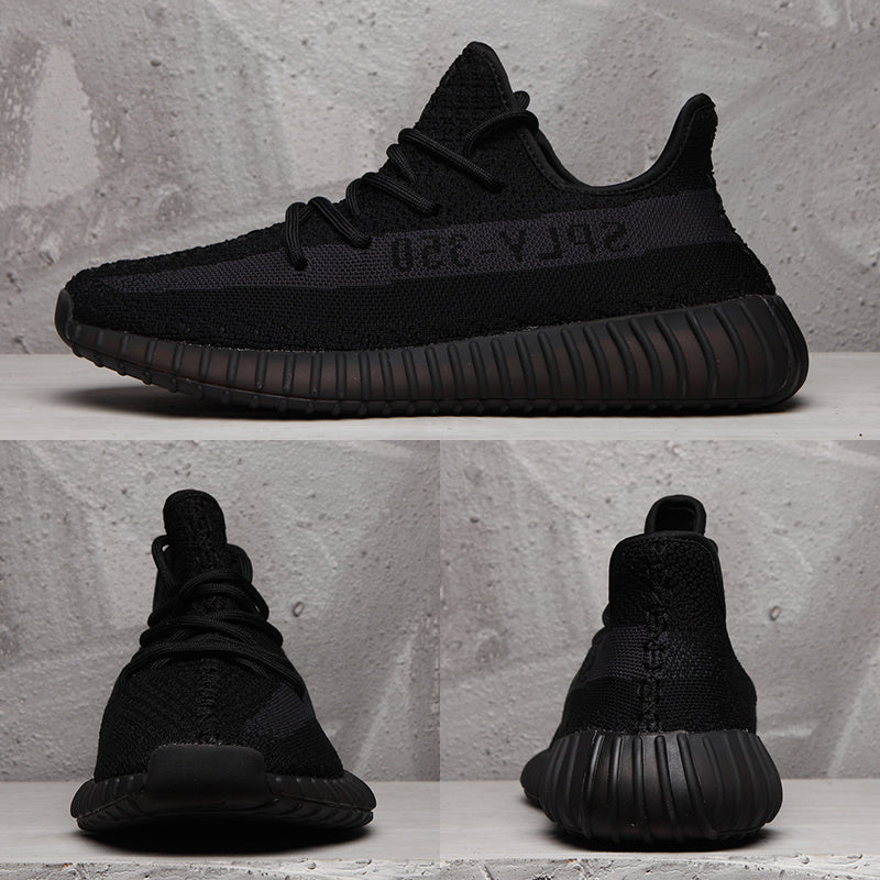 Composite product image showing the black Yeezy 350 V2 from side, front, and rear angles.