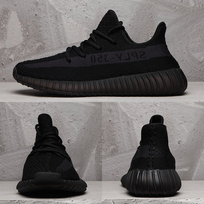 Composite product image showing the black Yeezy 350 V2 from side, front, and rear angles.