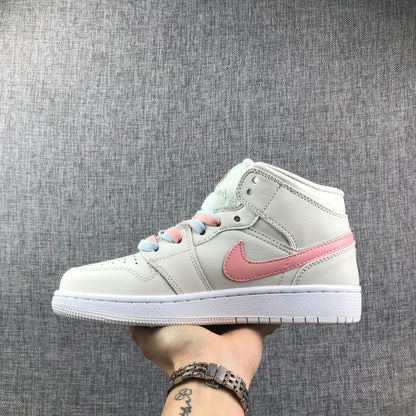 Side profile showing an off-white high-top sneaker with a pastel pink Swoosh and pink-and-blue laces.