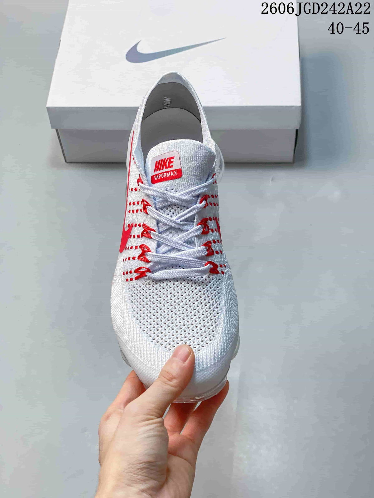Nike VaporMax Flyknit Running Sneakers, White and Red