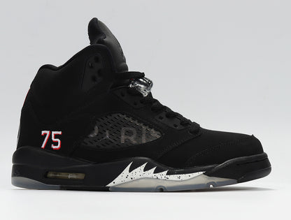 Opposite side view of the black sneaker, showing red-white accents, a number 75 detail, and translucent outsole