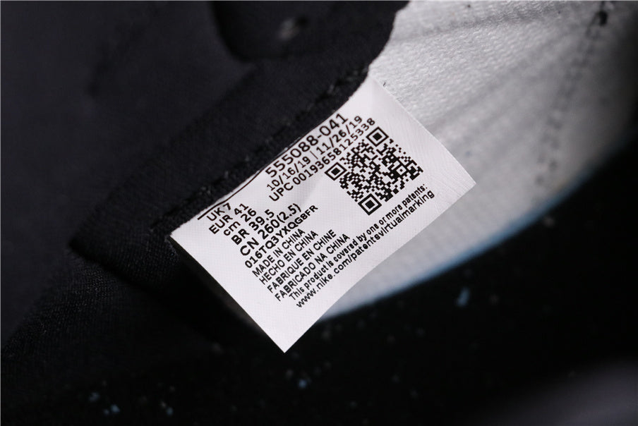 Close-up of a shoe label showing style code 555088-041 and EU 42.