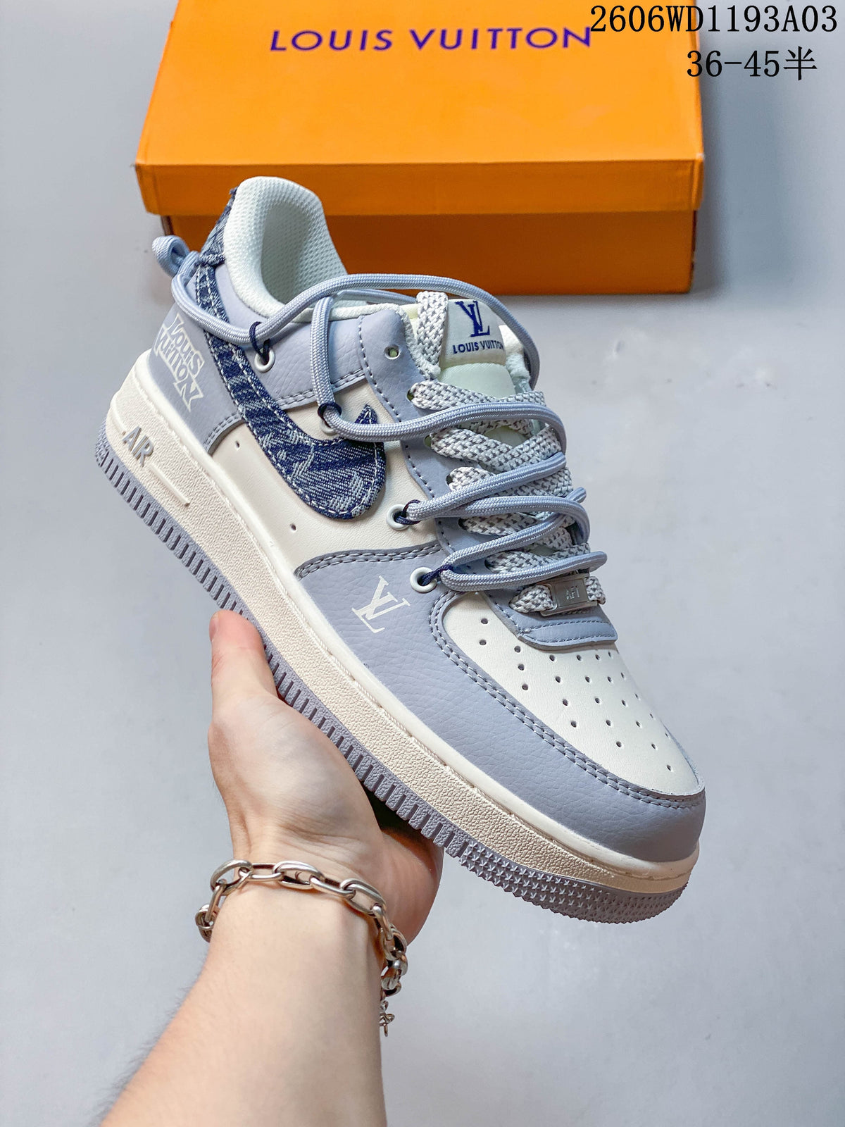 Nike Air Force 1 Low White and Gray Denim Sneakers