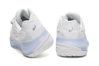 ASICS White and Silver Court Sneakers with Pale Blue Midsole