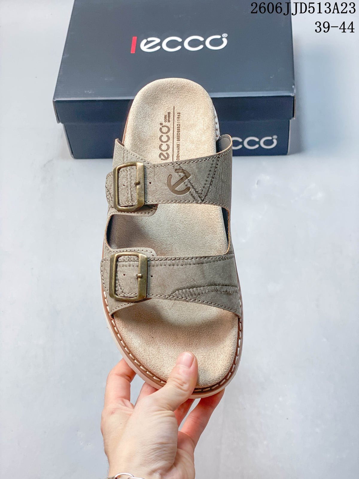 ECCO Double-Buckle Slide Sandals in Taupe