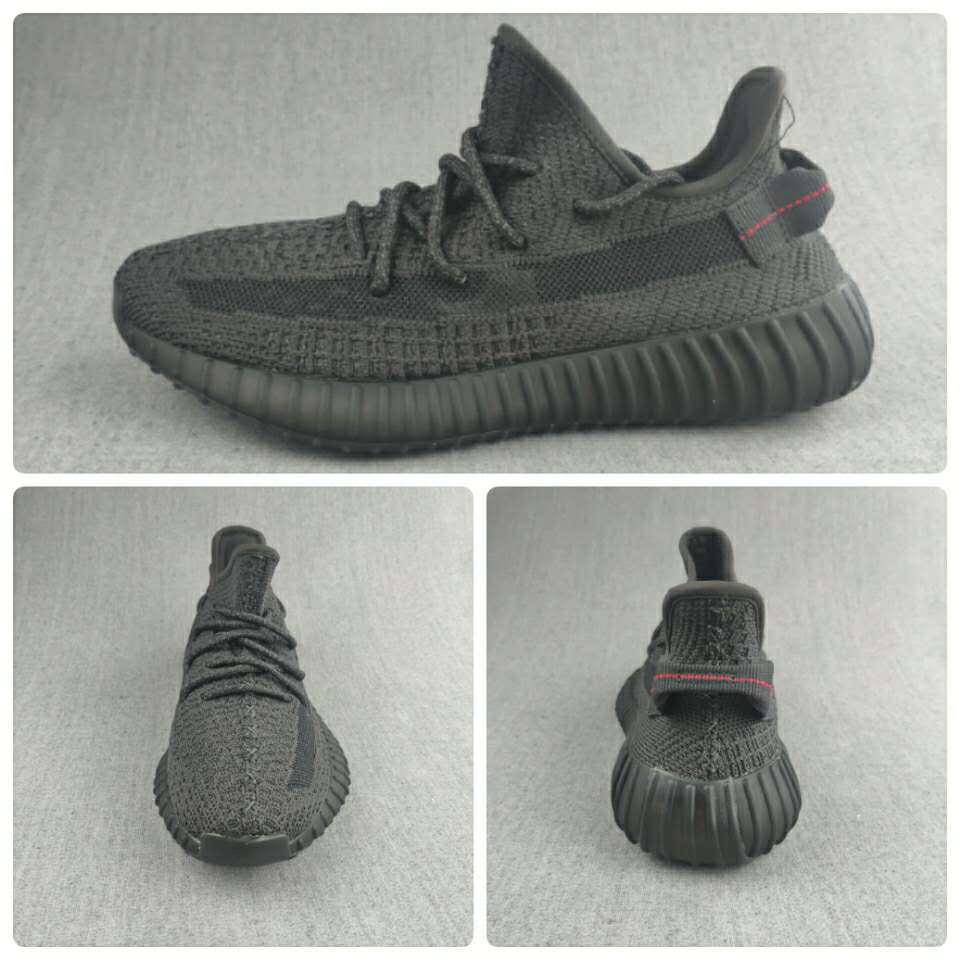 Collage showing side, front, and rear views of the black knit sneakers.