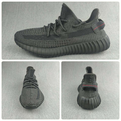 Collage showing side, front, and rear views of the black knit sneakers.