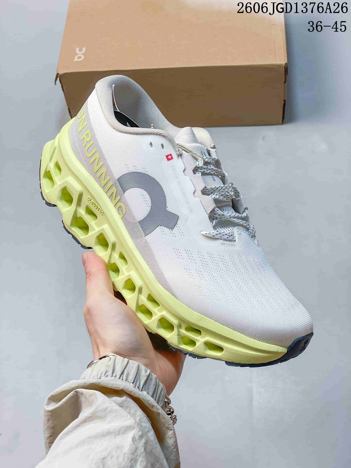 On Cloudmonster 3 Running Shoes – White & Lime / Slate