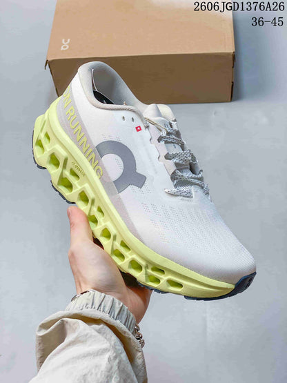 On Cloudmonster 3 Running Shoes – White & Lime / Slate